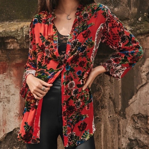 Johnny Was Medium Yoella Velvet Burnout Tunic Bobcat Forest Silk Blend NWT $328 - Picture 1 of 16